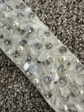 Embellished White Pearl, Sequin & Crystal Bridal Belt Appliqué
